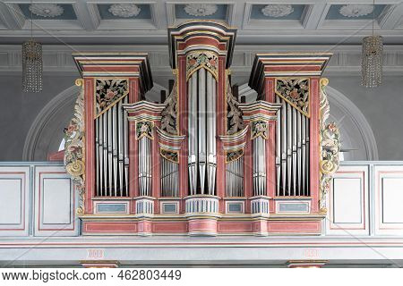 Kuerten, Germany - February 13, 2022: Organ Of Protestant Delling Church On February 13, 2022 In Kue