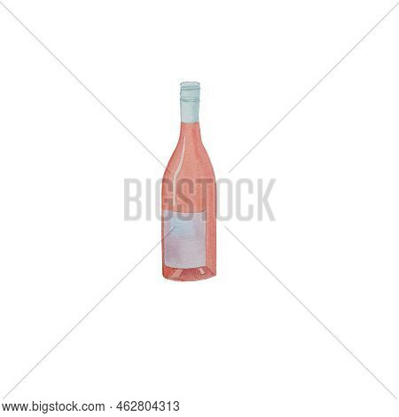 Watercolor Illustration Of Rose Wine In Bottle. Hand Drawn Realistic Delicious Beverage Element. Win