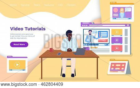 Website With Video Tutorials For E-learning. Man Studying Online Using Internet Technology. Various 