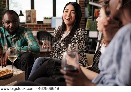 Happy, Smiling, Asian Woman Having Fun, Laughing, Guffawing, Enjoying Social Life With Various Cultu