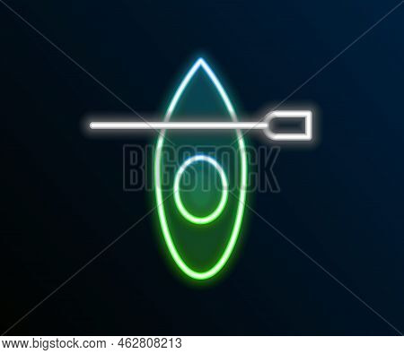 Glowing Neon Line Kayak And Paddle Icon Isolated On Black Background. Kayak And Canoe For Fishing An
