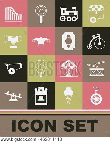 Set Unicycle Or One Wheel Bicycle, Drum With Drum Sticks, Vintage, Toy Train, Jester Hat Bells, Swin