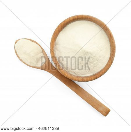 Wooden Bowl And Spoon Of Agar-agar Powder On White Background, Top View