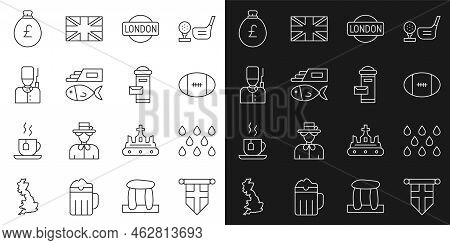 Set Line England Flag On Pennant, Water Drop, Rugby Ball, London Sign, Fish Chips, British Soldier, 