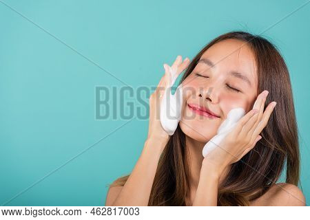 Asian Woman Face Wash Exfoliation Scrub Soap With Skincare Cleansing, Portrait Beautiful Female Smil