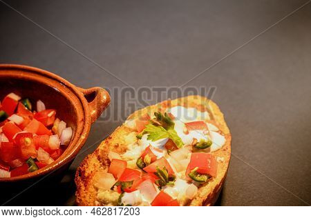 Mexican Molletes, Traditional Food With Bread, Beans, Cheese, Tomato And Chili