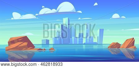City Skyline With Buildings Silhouettes And Reflection In Water Of River Or Lake. Vector Cartoon Lan