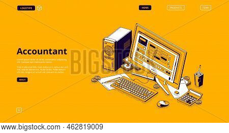 Accountant Isometric Landing Page. Monthly Recurring Revenue And Tax Calculation. Computer Desktop W