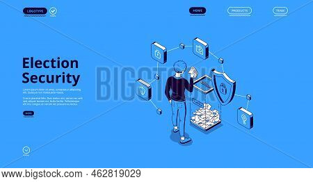 Election Security Isometric Landing Page. Voter Put Bulletin Into Glass Bin In Polling Station, Elec
