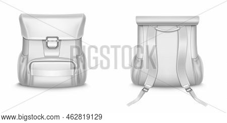 White Backpack, School Or Travel Rucksack In Front And Back View. Vector Realistic Mockup Of Blank L