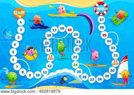 Kids Step Board Game, Cartoon Vitamin And Mineral Characters On Beach Vacations, Vector Tabletop. Di