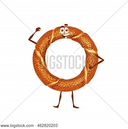 Cartoon Turkish Bagel Simit Character. Funny Vector Bakery With Sesame, Isolated Cheerful Confection