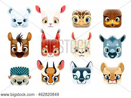 Cartoon Kawaii Square Animal Faces, Emoticons And Smiles, Vector Icons. Cute Happy Kawaii Animals Em