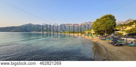 Thassos, Greece - August 19, 2022: Panorama With The Golden Beach (skala Potamia) During A Sunny Sum