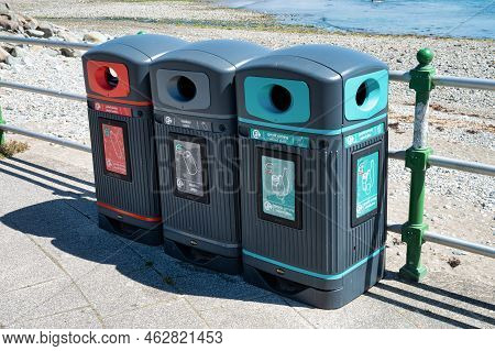 Criccieth, Uk- July 13, 2022: Recycling Bins In The Village Of Criccieth In North Wales.