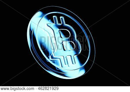 3d Illustration, Blue Neon Bitcoins.  Cryptocurrency Gold Bitcoin Btc Bit Coin. Close-up Of Bitcoin 