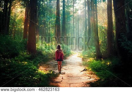 Free Woman Breathing Clean Air In Nature Forest. Happy