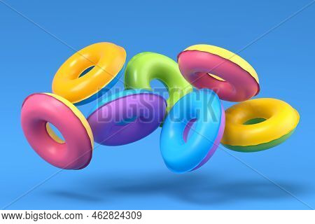 Colorful Inflatable Ring Flying On Blue Background, 3D Render Of Summer Vacation