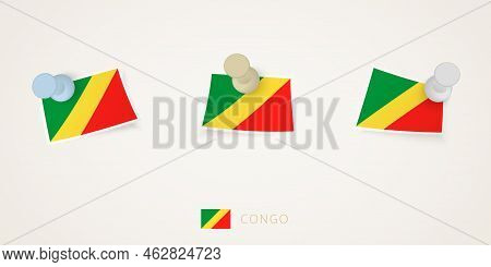 Pinned Flag Of Congo In Different Shapes With Twisted Corners. Vector Pushpins Top View. Flag Set.