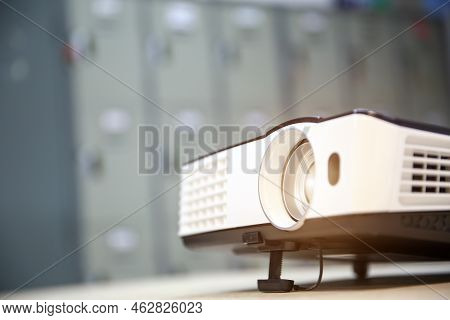 Close-up Computer Projector On Table Boardroom Or Meeting Room Technology Equipment Of Visual Or Vis