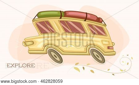Vector Illustration Of Vintage Yellow Vehicle On The Move.