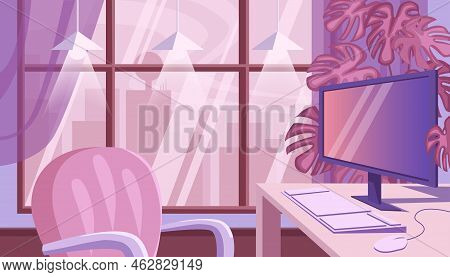 Illustration Of Working Business Space, Place For Study, Home Scene With Computer Desk In The Evenin
