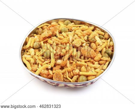 Indian Tasty Mix Namkeen Also Know As Namkin, Nimco And Mixture Isolated On White Background