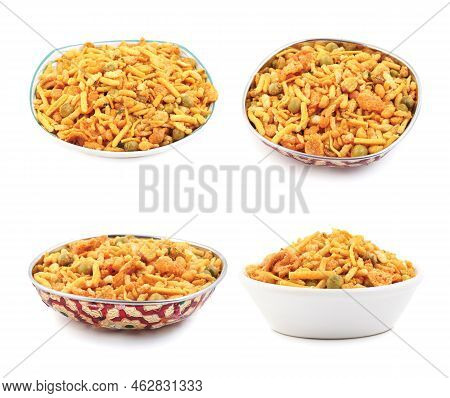 Indian Tasty Mix Namkeen Collection Also Know As Namkin, Nimco And Mixture Isolated On White Backgro