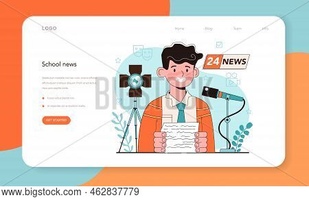 School News Web Banner Or Landing Page Set. Student Presenting News