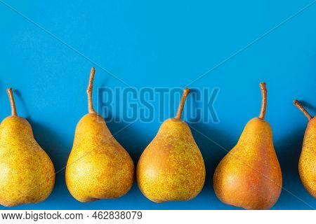 Yellow Pears On A Blue Background. Fruit Harvest. Autumn Still Life. Pear Variety Bera Conference. V