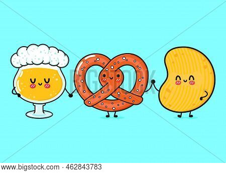Cute, Funny Happy Glass Of Beer, Pretzel And Chips. Vector Hand Drawn Cartoon Kawaii Characters, Ill