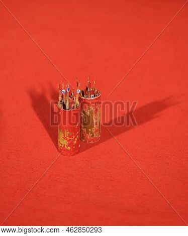 Fortune Stick For The Advice From The God On Red Carpet. Fortune Sticks ( Esiimsi ) In The Temple Wi