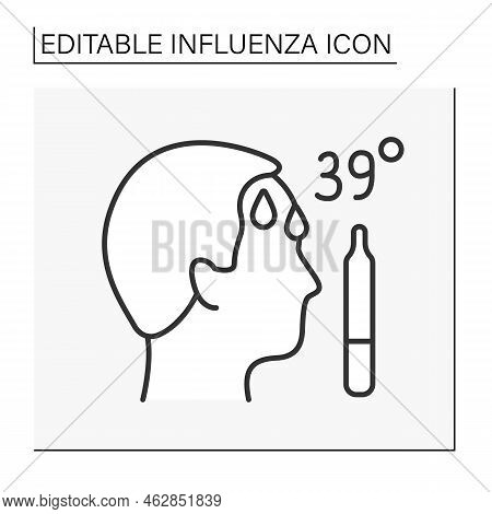 Fever Line Icon. Sickness. 39 Degrees Celsius. High Body Temperature Due To Flu, Cold, Disease. Infl