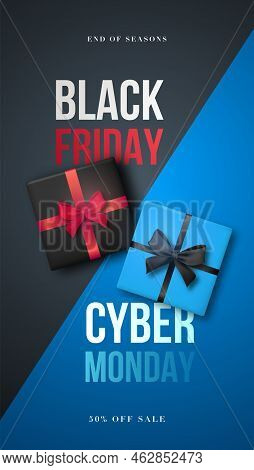 Black Friday And Cyber Monday Promo Banner. Design For Stories, Card, Flyer Concept Design, Social M