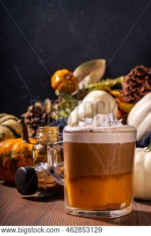 Pumpkin Spice Latte In A Glass Mug