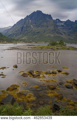 Landscape View Of The Fiords And Mountains In Lofoten Islands, Norway. High Quality Photo