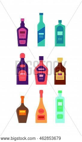 Set Bottles Of Tequila Vodka Gin Cream Liquor Rum Brandy Wine Schnapps. Icon Bottle With Cap And Lab