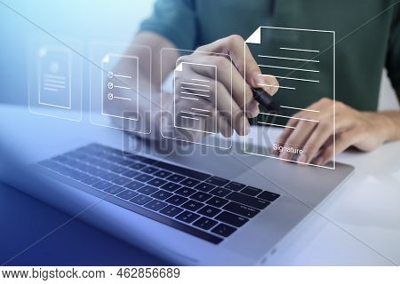 Businessman, Work From Home, Handling Documents, E-signing, Signing Digital Contracts Electronic Sig