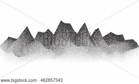 Grain Stippled Mountains. Dotted Landscape And Terrain. Black And White Grainy Hills In Dotwork Styl