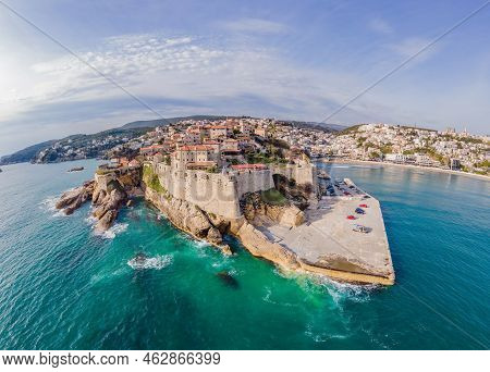 Amazing View On Ulcinj Town In Montenegro. Clock Tower Of Ulcinj Sahat Kulla. Lami Mosque. Ulcinj Is