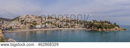 Amazing View On Ulcinj Town In Montenegro. Clock Tower Of Ulcinj Sahat Kulla. Lami Mosque. Ulcinj Is
