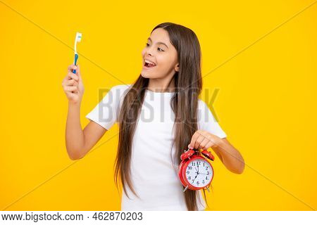 Girl Cleaning Teeth. Kid Brushing Teeth With Brush. Dental Hygiene, Tooth Care. Girl Cares About Hea