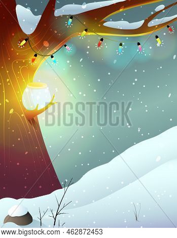 Big Tree At Night In Winter Woods. Forest Fairytale Empty Background With Big Tree And Lighted Lamp 