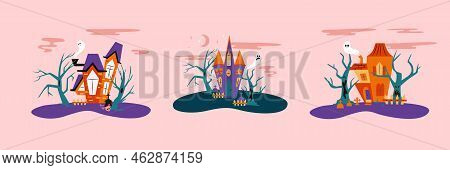 Halloween Hounted Houses Set Vector Illustration With Spooky Trees And Ghosts. Collection Of Scary H