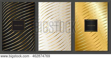 Luxury Gold Cover With Frame. Metallic Wavy Stripes. Gold, Platinum, Black: Vector Collection For In