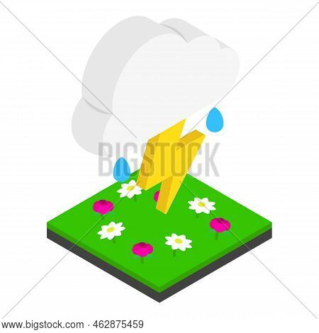 Thunder Meadow Icon Isometric Vector. Thundercloud Over Green Meadow With Flower. Atmospheric Phenom