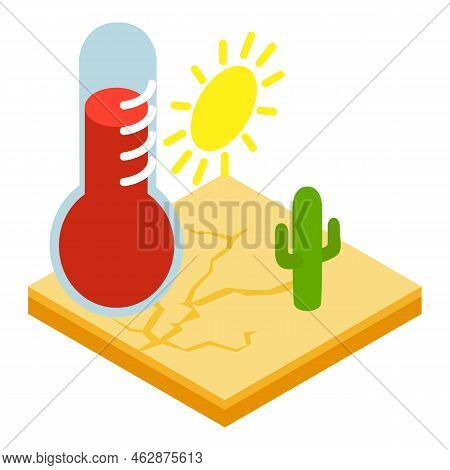 Drought Icon Isometric Vector. Dry Soil Under Scorching Sun, Hot Red Thermometer. Dry Weather, Clima
