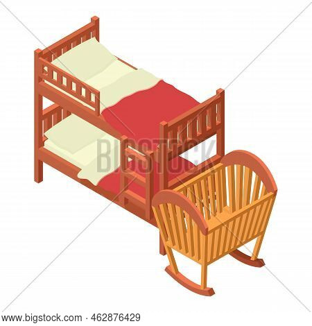 Children Furniture Icon Isometric Vector. Two Level Bed With Bedlinen And Cradle. Kid Furniture, Chi