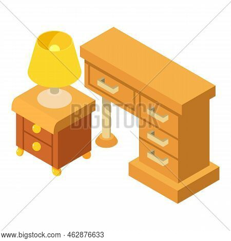 Homeoffice Furniture Icon Isometric Vector. Cabinet With Reading Lamp, Table Icon. Wooden Furniture,