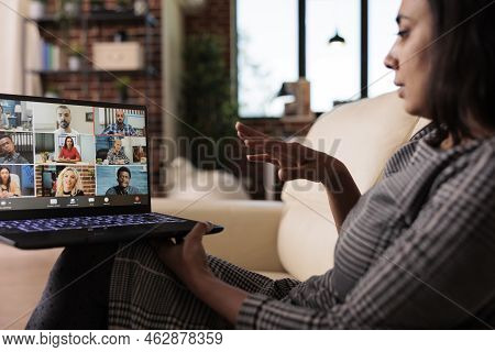 Office Worker Attending Online Videocall Meeting, Talking To People On Remote Videoconference Call W